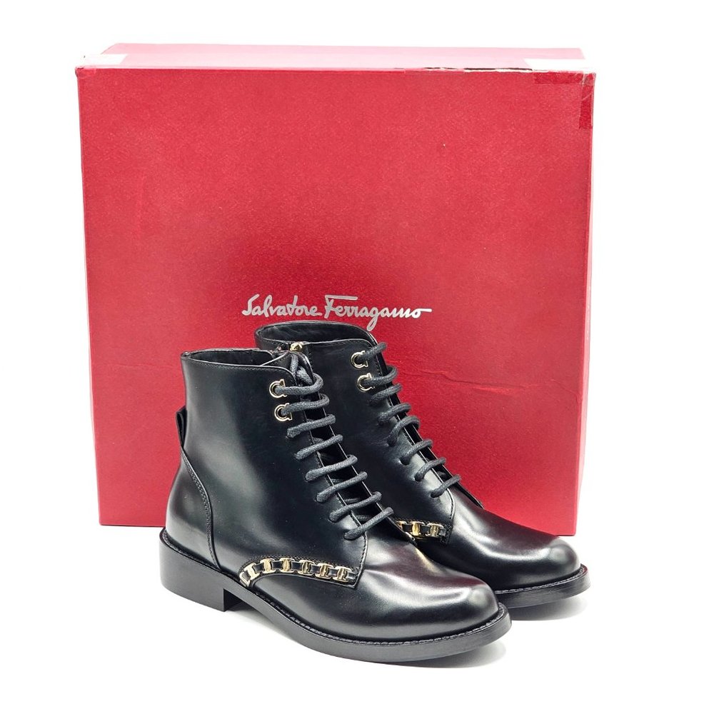 Salvatore Ferragamo Leather Combat Boots with Giancini detail Size 34.5 - NWB